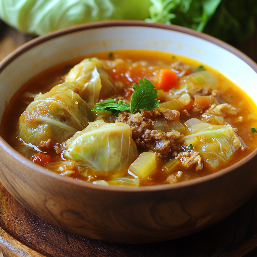 A bowl of Cabbage Roll Soup filled with ground beef, rice, cabbage, and tomatoes, resembling unstuffed cabbage roll2