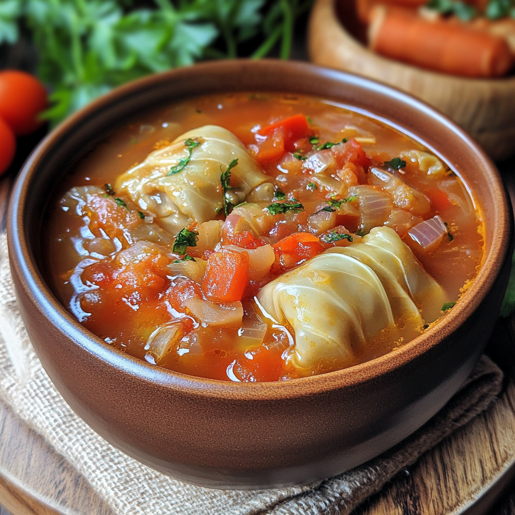 A bowl of Cabbage Roll Soup filled with ground beef, rice, cabbage, and tomatoes, resembling unstuffed cabbage roll3