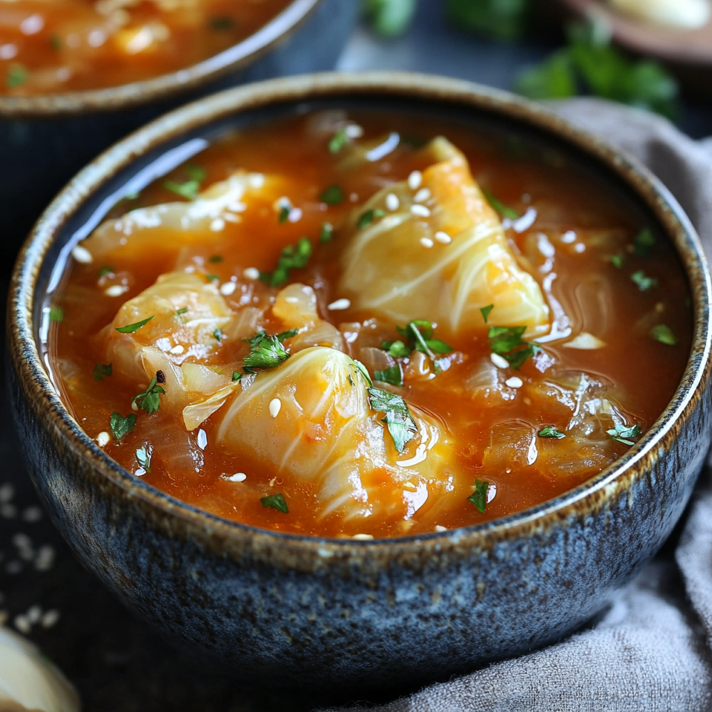 A bowl of Cabbage Roll Soup filled with ground beef, rice, cabbage, and tomatoes, resembling unstuffed cabbage roll4