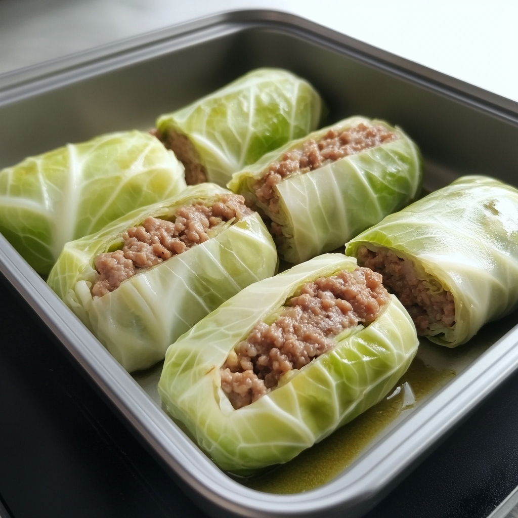 Cabbage rolls with ground beef served in tomato sauce, topped with fresh herbs2