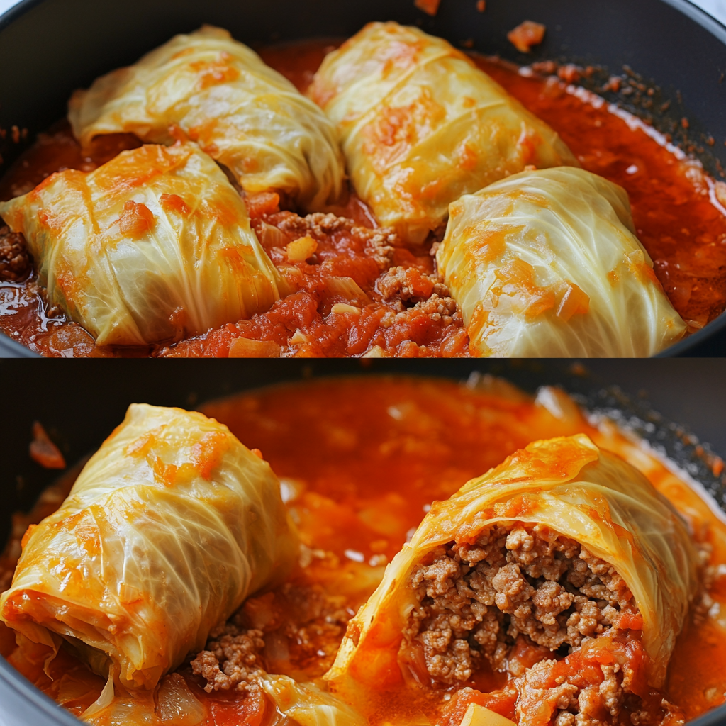 Cabbage rolls with ground beef served in tomato sauce, topped with fresh herbs3