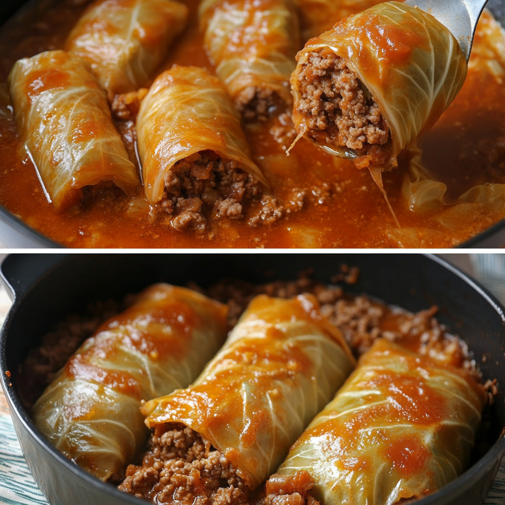 Cabbage rolls with ground beef served in tomato sauce, topped with fresh herbs4