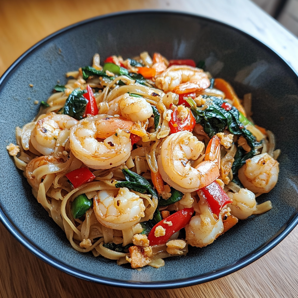 Delicious prawn Pad Thai served with bean sprouts, crushed peanuts, lime wedges, and fresh herbs.1