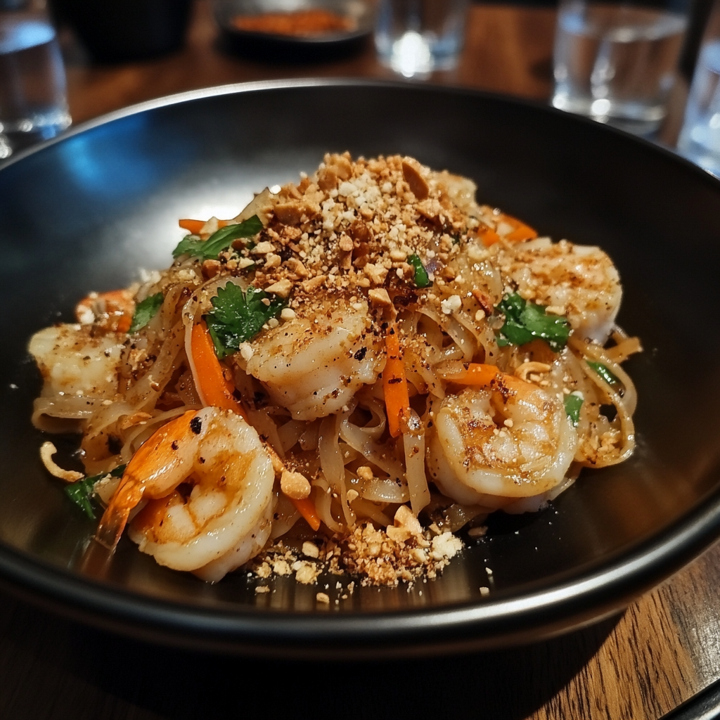 Delicious prawn Pad Thai served with bean sprouts, crushed peanuts, lime wedges, and fresh herbs.3