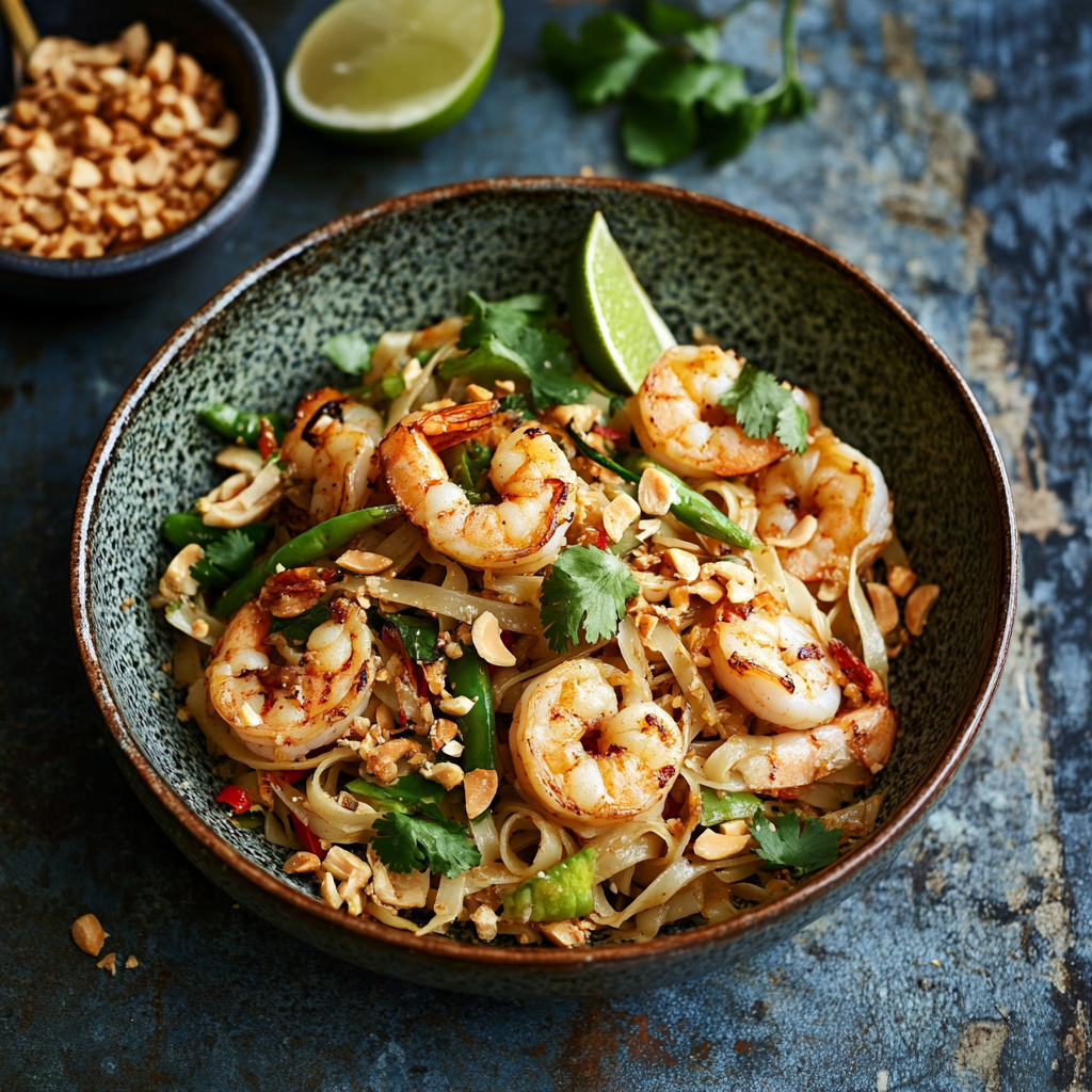 Delicious prawn Pad Thai served with bean sprouts, crushed peanuts, lime wedges, and fresh herbs.4