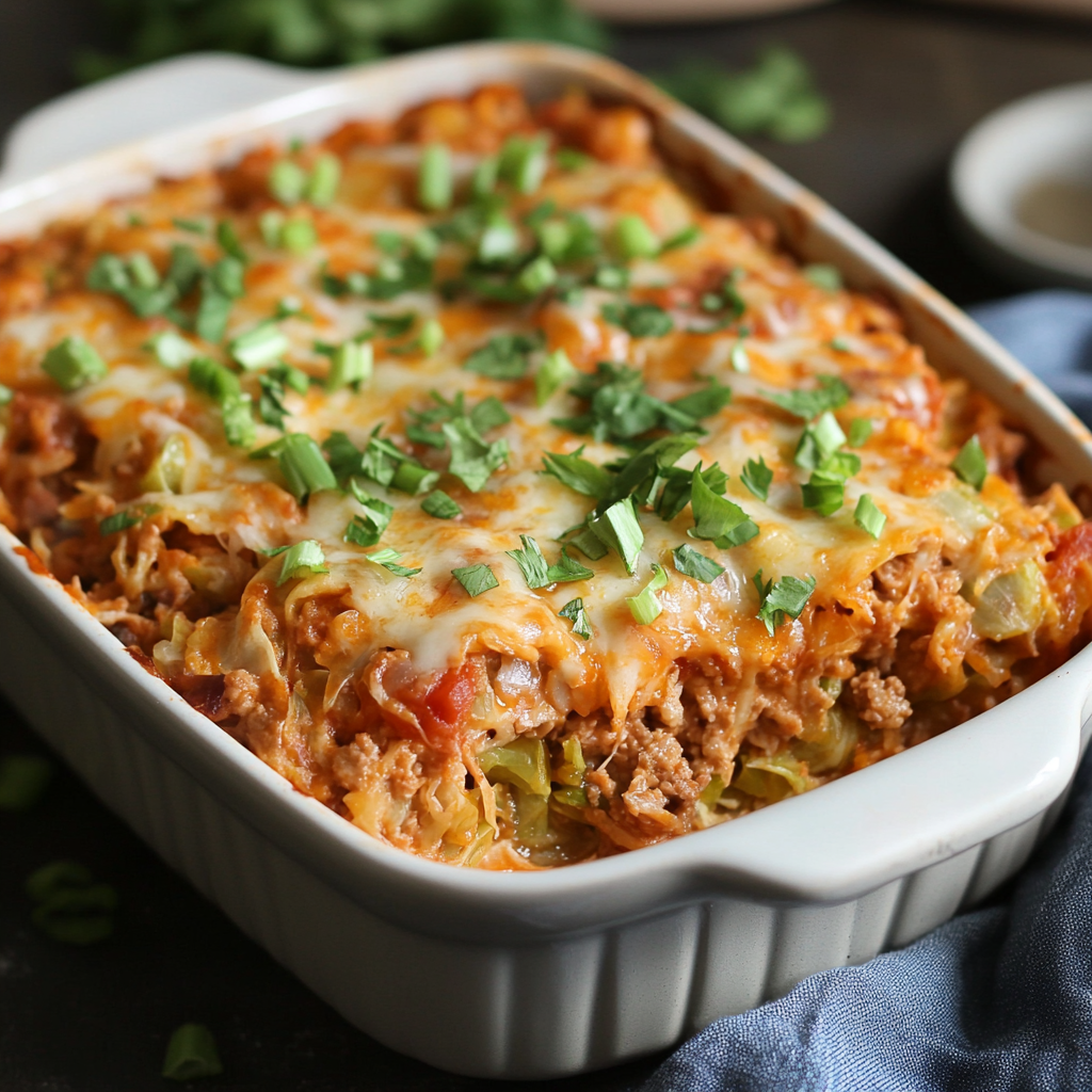 Baked cabbage roll casserole in a glass dish with tomato sauce and melted cheese on top, ready to serve.4