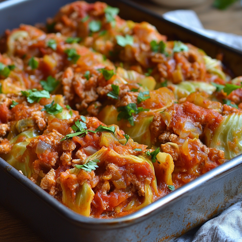 Baked cabbage roll casserole in a glass dish with tomato sauce and melted cheese on top, ready to serve.2