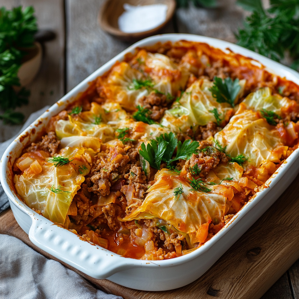 Baked cabbage roll casserole in a glass dish with tomato sauce and melted cheese on top, ready to serve.3