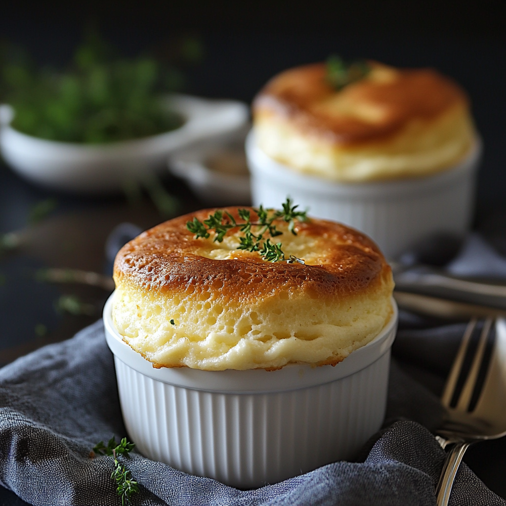 Golden, puffed-up cheese soufflé in a white ramekin — a classic French cheese soufflé recipe baked to perfection.2