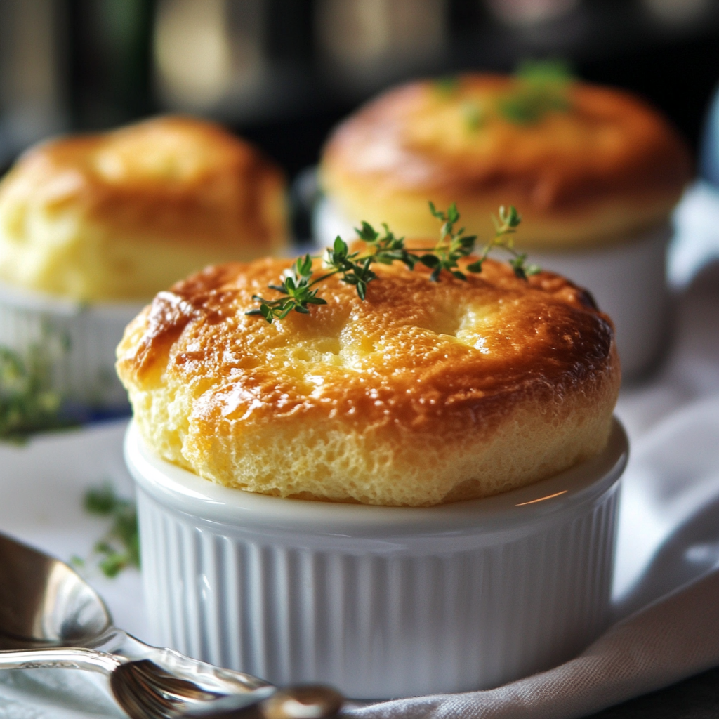 Golden, puffed-up cheese soufflé in a white ramekin — a classic French cheese soufflé recipe baked to perfection.1